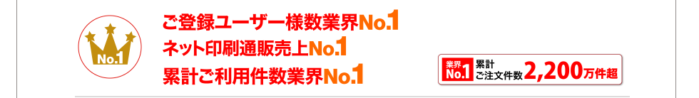 ご登録ユーザー様数業界No.1
ネット印刷通販売上No.1
累計ご利用件数業界No1.
業界No1. 累計ご注文件数2,200万件超